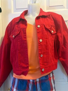 Vintage 90s Red Cropped Denim Jacket Boxy Retro Streetwear 2750, Sz 9/Medium.